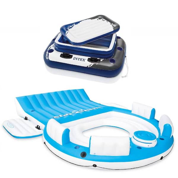 Intex Island Pool Vinyl Lake Raft Lounger with Inflatable 72-Can Beverage Cooler Float, Blue