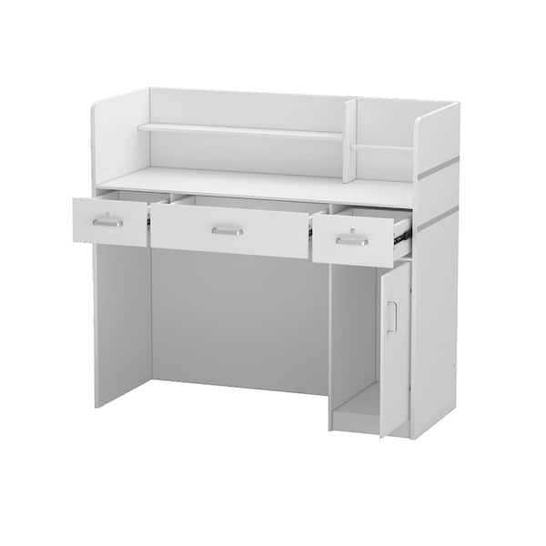 FUFU&GAGA 47.2 in. Rectangle White Wood Writing Desk Reception Desk Executive Computer Workstation W/Lockable Drawers, Cabinet