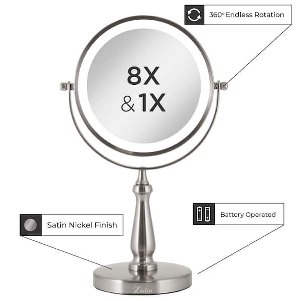 Zadro 7.75 in. x 12.5 in LED Freestanding Bi-View 8X/1X Magnification  Cordless Vanity Beauty Makeup Mirror in Satin Nickel LVAN48 The Home Depot