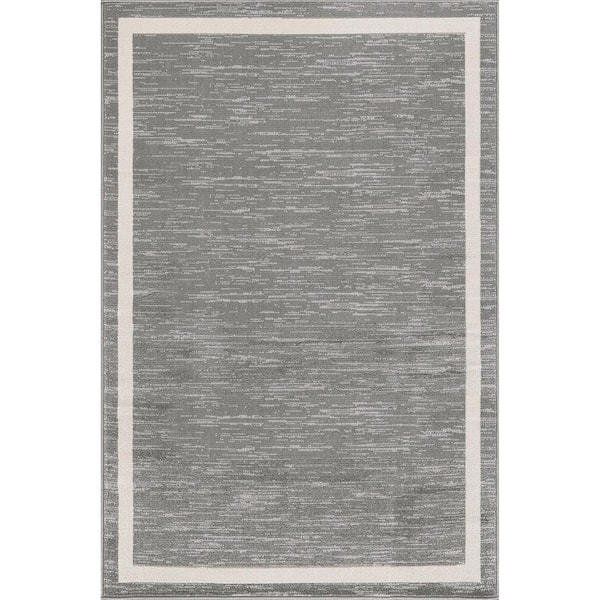 Aura Gray 9 ft. x 12 ft. Rubber Back Washable Modern Bordered Indoor Outdoor Area Rug