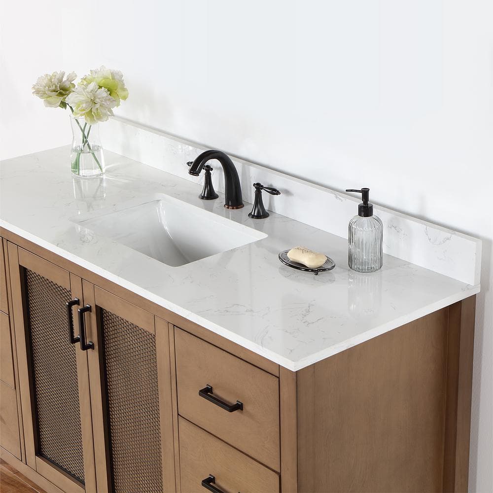 Hadiya 60" Brown Pine Vanity with White Composite Stone Countertop