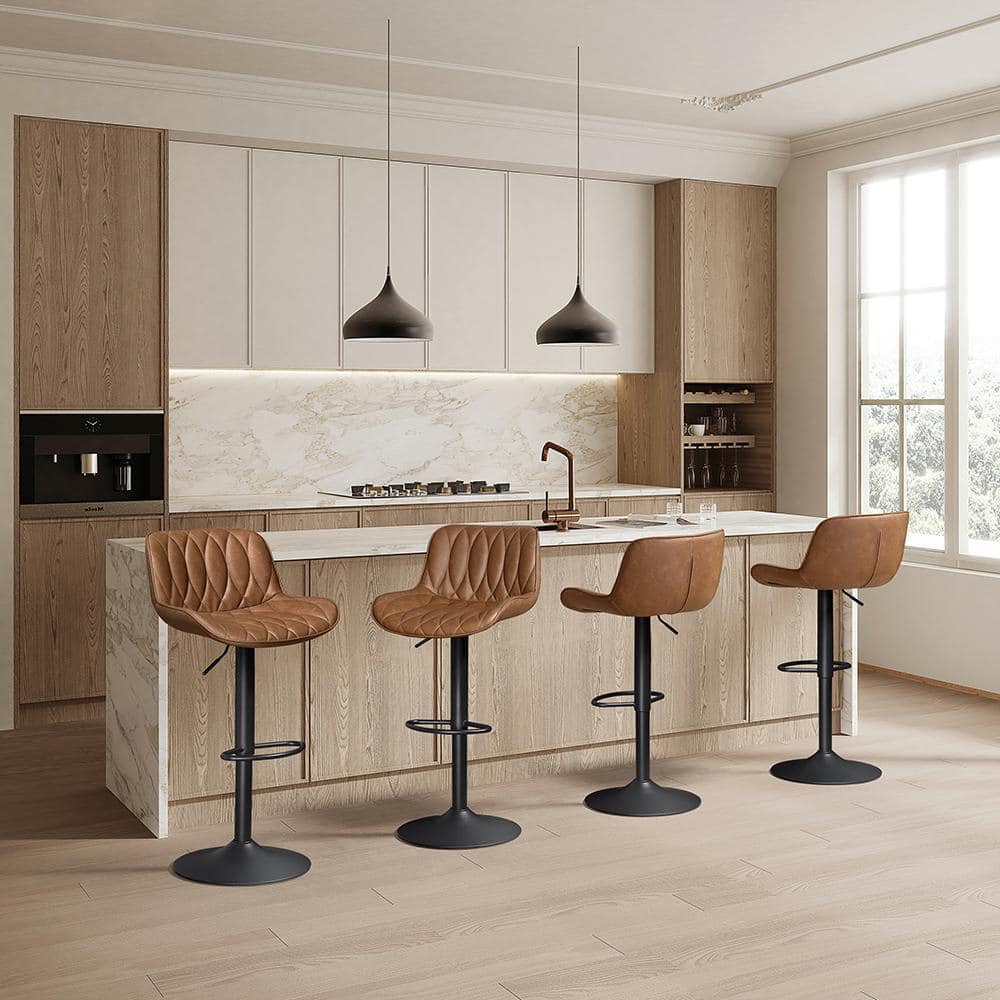 Tan Faux Leather Adjustable Swivel Bar Stools with Metal Frame
