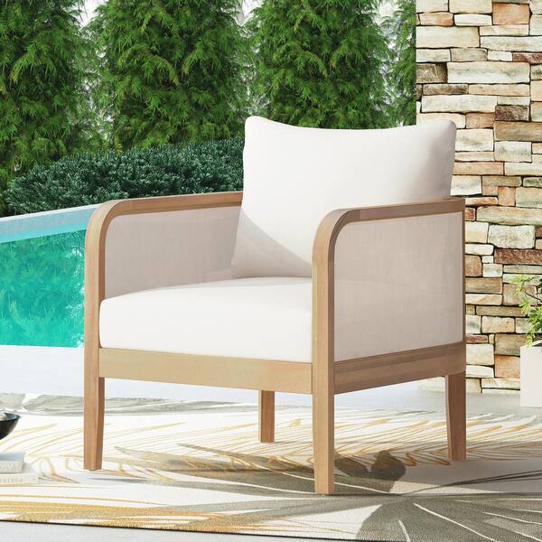 Light Teak Acacia Wood Outdoor Lounge Chairs with Beige Cushions