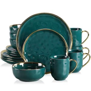 Sweet 16-Piece Dark Green Golden Edge Stoneware Dinnerware Set (Service for 4)