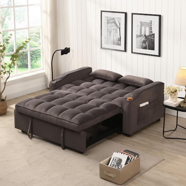 J&E Home 54 in. W Gray Velvet Twin Size 2-Seats Sofa Bed