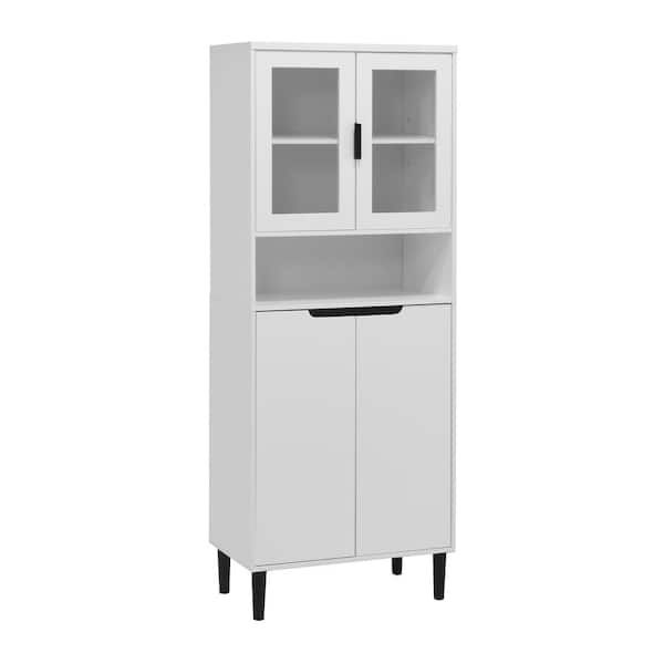 Tileon Tempered Glass Door Tall Storage Bookcase with adjustable board, MDF painting finished cabinet for Kitchen in White