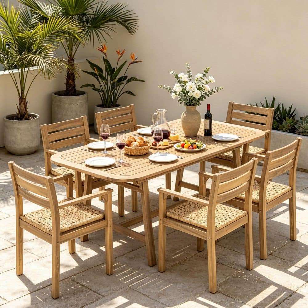 Olyssa Light Teak Finish 7-Piece Wood Patio Outdoor Dining Set with Extendable Dining Table and Wicker Seats