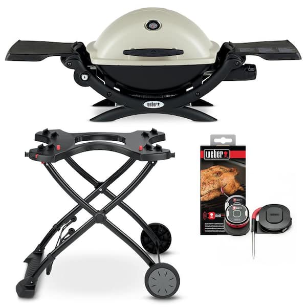 Weber Q 1200 1-Burner Portable Propane Gas Grill in Titanium with Rolling Cart and iGrill Mini