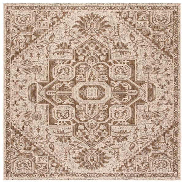 Beach House Beige/Cream 7 ft. x 7 ft. Square Geometric Indoor/Outdoor Patio  Area Rug