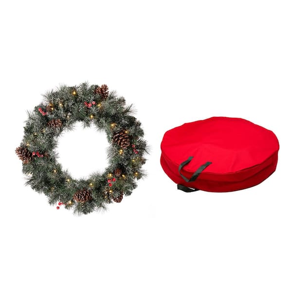 Glitzhome 24 in. Dia Pre-Lit Glittered Pine Cone Christmas Wreath with Warm White LED Light with 30 in. Dia Red Canvas Storage Bag