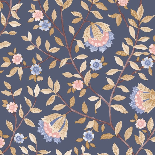 Vintage Botanical Blooms Navy Wallpaper Sample