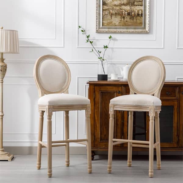 46.46 in. H Beige and Natural French Country Wooden Bar Stools With Fabric Cushion Seating Set of 2