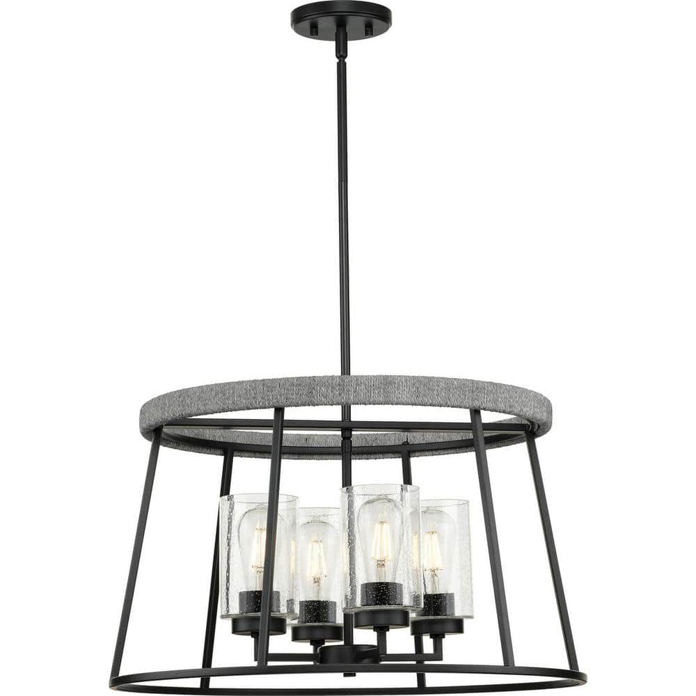 Matte Black 24" Cage Chandelier with Seeded Glass Shades