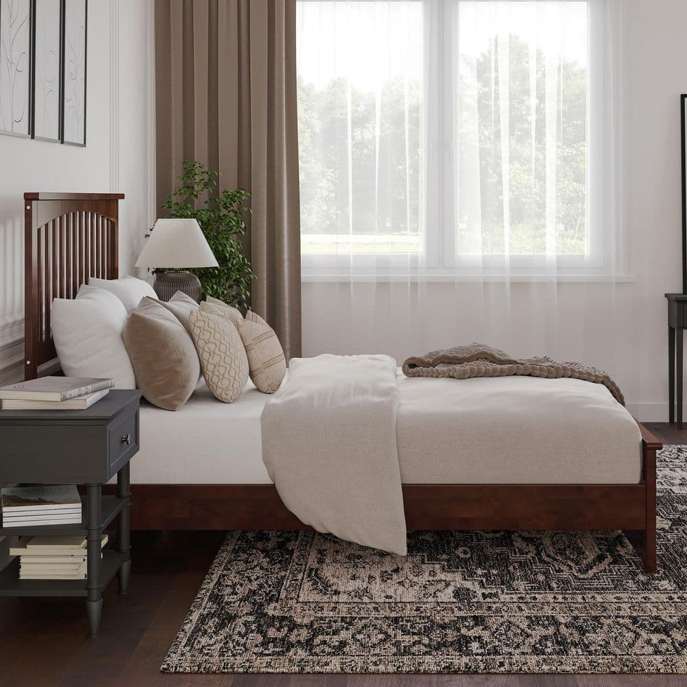 Walnut Queen Wood Platform Bed with Slatted Headboard
