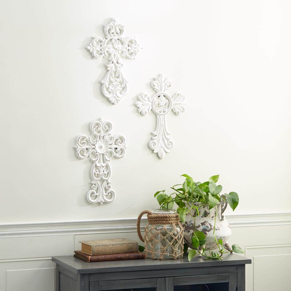 Litton Lane Wood White Carved Cross Biblical Wall Decor (Set of 3 ...