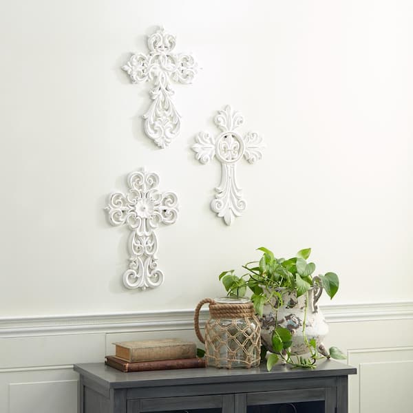 Litton Lane Wood White Carved Cross Biblical Wall Decor (Set of 3)