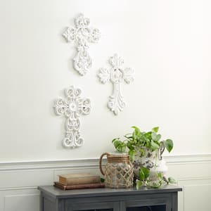 Wood White Carved Cross Biblical Wall Decor (Set of 3)