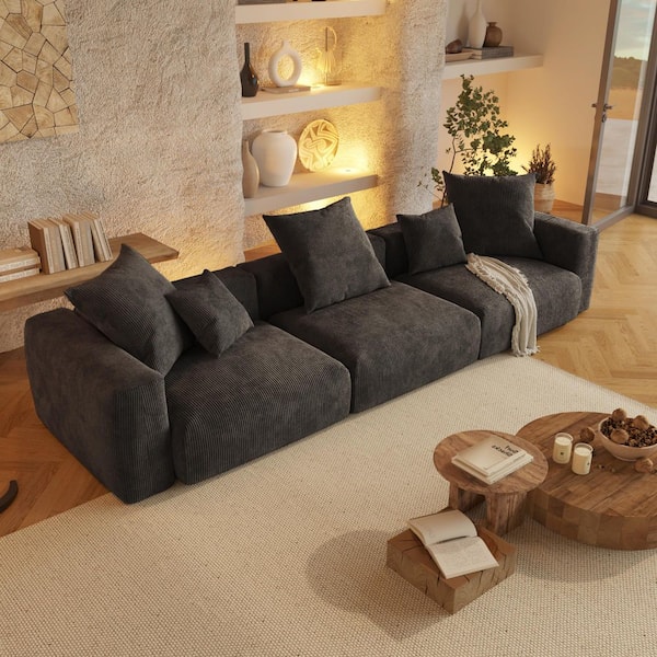 Modern 142 in. Square Arm 3-Piece Modular Corduroy Sectional Sofa Oversized Floor Sofa Couch for Living Room in Black