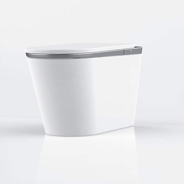 LEJ-Z Elongated Smart Bidet Toilet in White/Silver Trim with Heated Seat, Sensor Lid, Auto Open/Close/Flush, Air Dryer