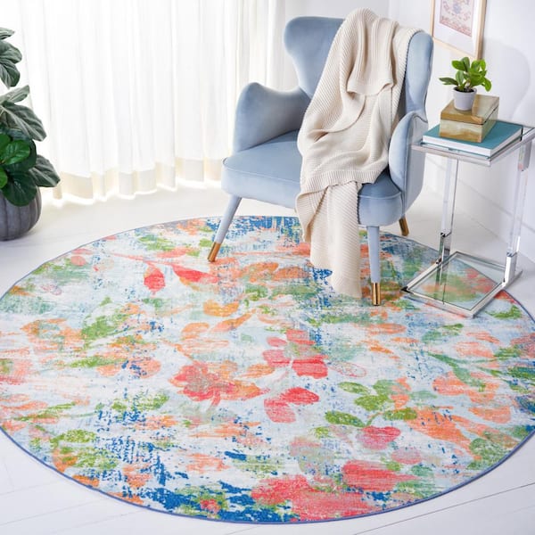 Paint Brush Navy/Orange 7 ft. x 7 ft. Machine Washable Floral Gradient Round Area Rug