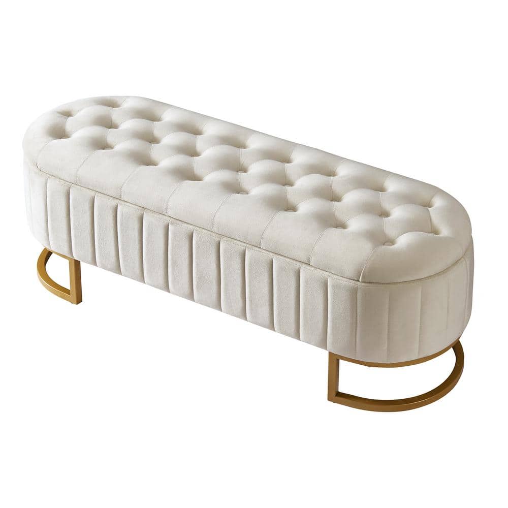 Beige 47 in. Velvet Upholstered Bedroom Bench Storage Ottoman with Button-T