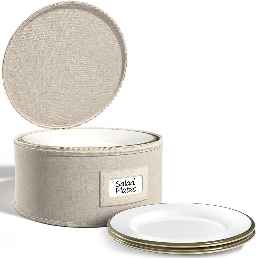 Beige Fabric Dinnerware Storage, 9 in. x 6 in. China Plate Container Organizer for Salad Plate with Lid, 1-Piece