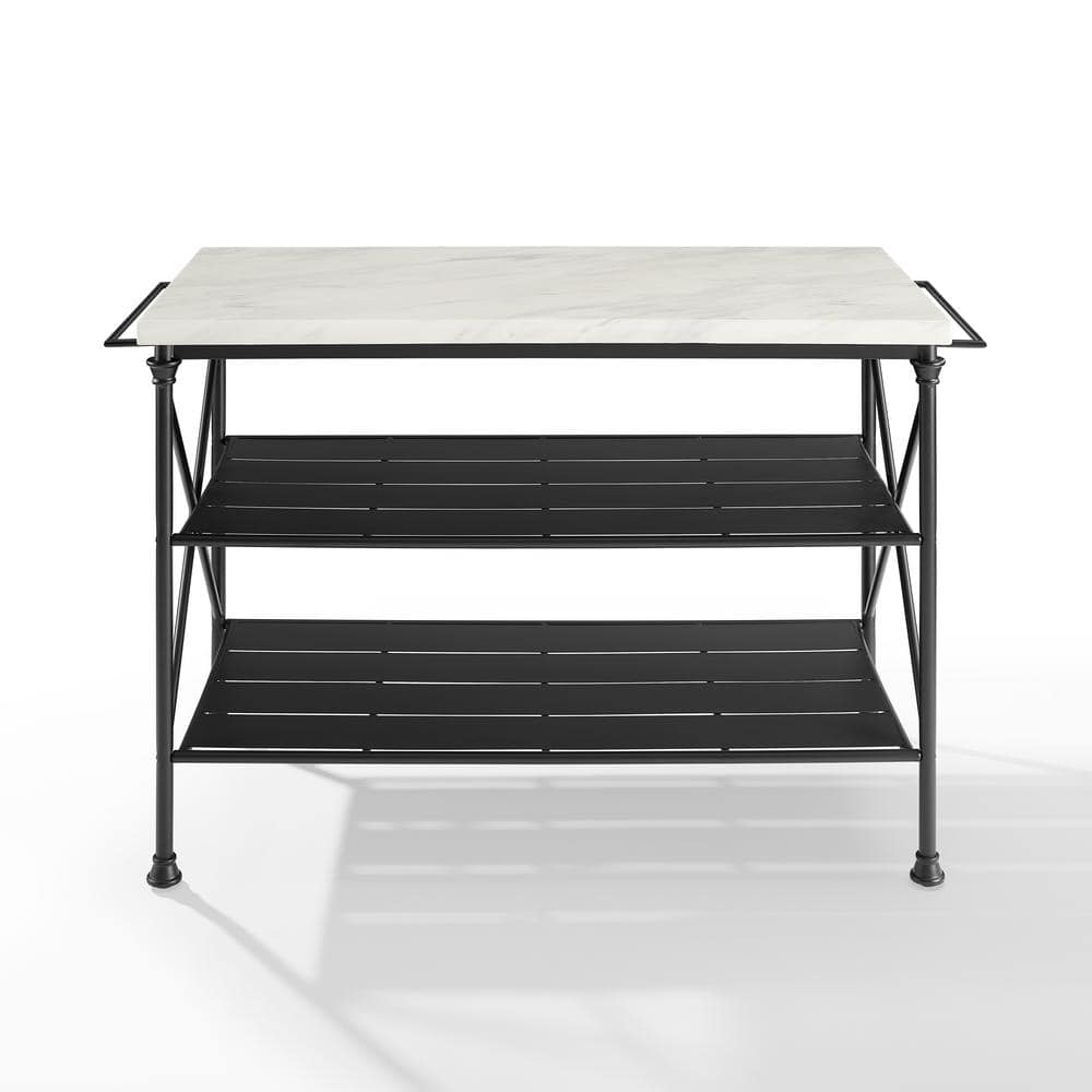 White Faux Marble and Matte Black Steel Kitchen Island Cart