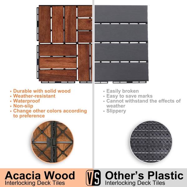 Amucolo 12 in. x 12 in. Checker Pattern Acacia Wood Interlocking Deck Tiles in Brown for Patio, Pool Side (Set of 30 Tiles)