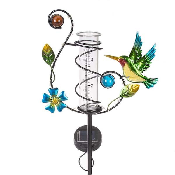 OGETFUUR 35 in. Hummingbird Rain Gauge Outdoor, Solar Rain Gauges with LED Light for Yards, Lawns, Pathway and Patio