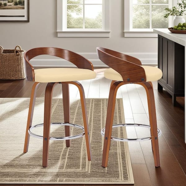 Sonia 26 in. Swivel Cream/Walnut Faux Leather and Wood Counter Stool