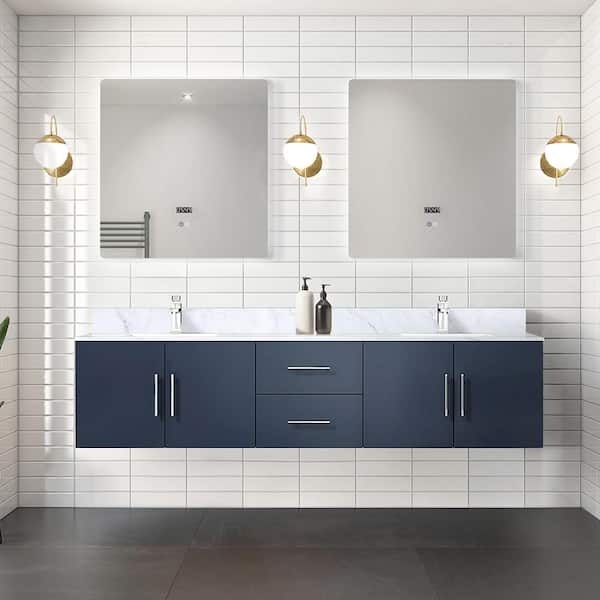Lexora Geneva 80 in. W x 22 in. D Navy Blue Double Bath Vanity, Carrara Marble Top, Faucet Set and 30 in. LED Mirrors