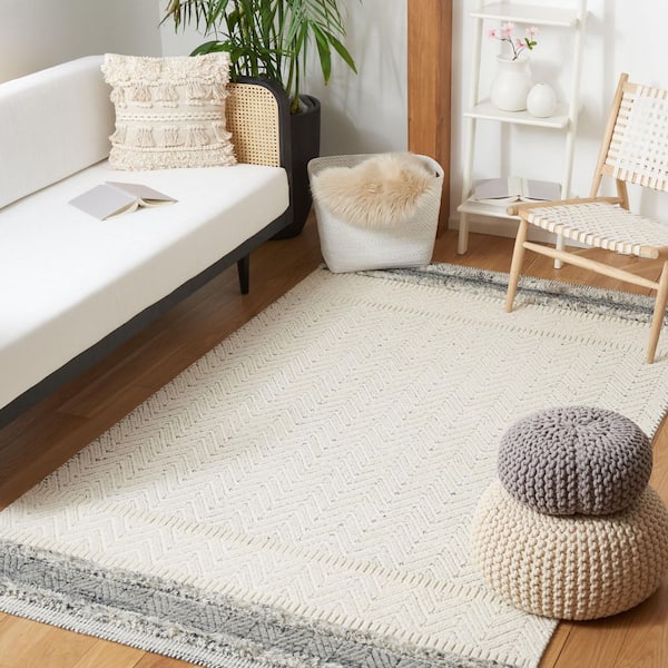 Martha Stewart 9 ft. x 12 ft. Ivory/Gray Border Herringbone Area Rug