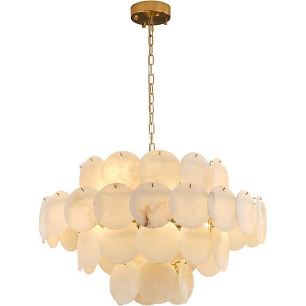 D31.5 in. 12-Light White Alabaster Round Chandelier,Modern Dimmable Alabaster Chandelier for Living Room,Bedroom,Hallway