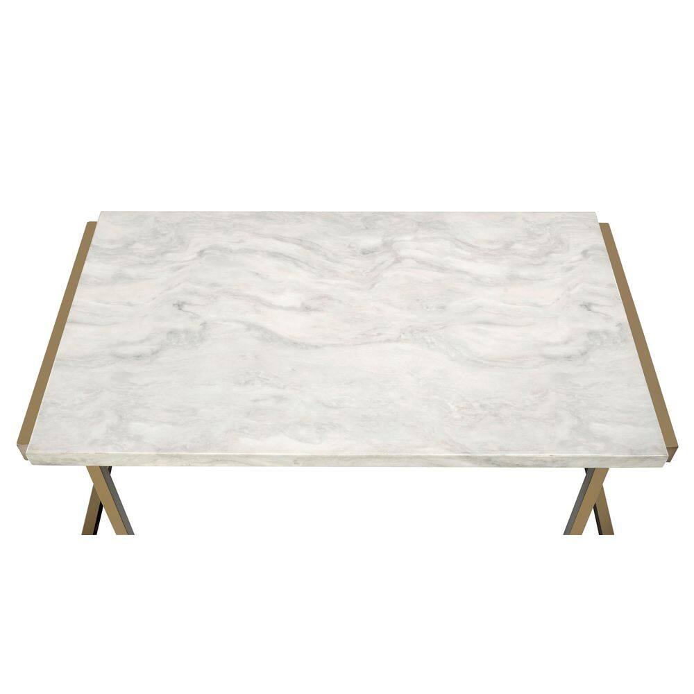 Contemporary Rectangular Lift-Top Coffee Table in Beige Faux Marble & Champagne