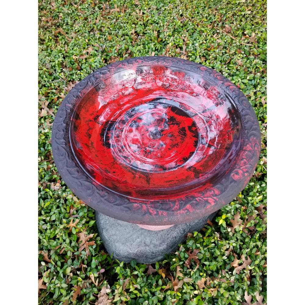 Marbleized Red Scroll Vine Clay Bird Bath with Stand