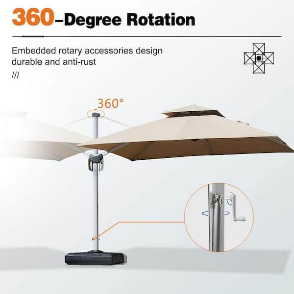 12 ft. Square High-Quality Aluminum 360 Rotation Cantilever Polyester Outdoor Patio Umbrella with Base, Beige