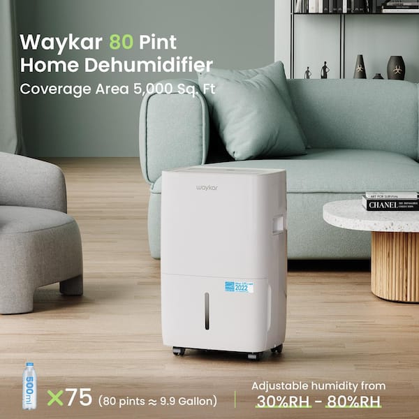 Waykar 80-Pint Energy Star Dehumidifier for Up to 5,000 Sq. ft., Basements and Large Rooms with Drain and Water Rank, White, Whites