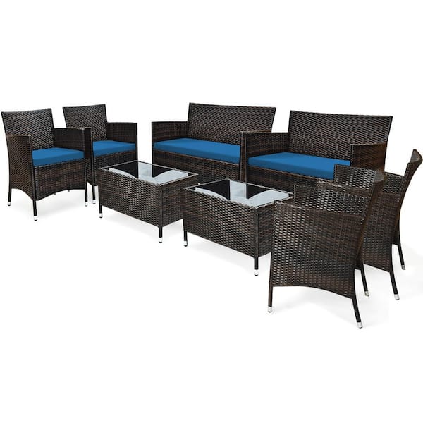 Gymax 8-Pieces Patio Rattan Conversation Furniture Set Outdoor with Peacock Blue Cushion