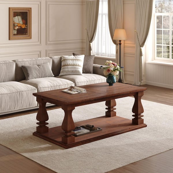 Suzamni 47.24 in. Antique Brown Rectangle Wood Farmhouse Coffee Table with Square Baluster Legs