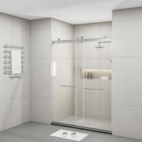 MEDUNJESS BradF 60 in. W x 76 in. H Sliding Frameless Shower Door in Brushed Nickel with 3/8 in. (10mm) Tempered Clear Glass