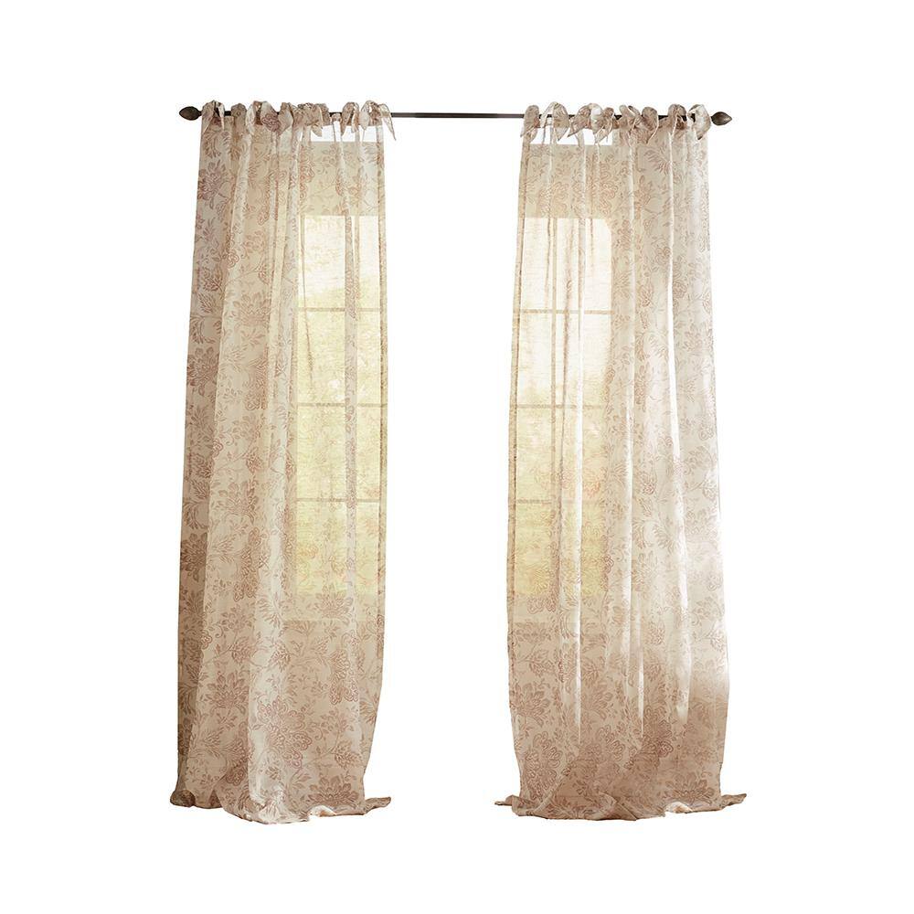 Flax Tie-Top Sheer Voile Curtains with Floral Print
