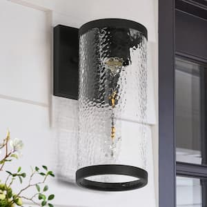 Modern 1-Light Black Outdoor Wall Light Cylinder Sconce with Hammered Clear Glass Shade for Porch Patio, LED Compatible