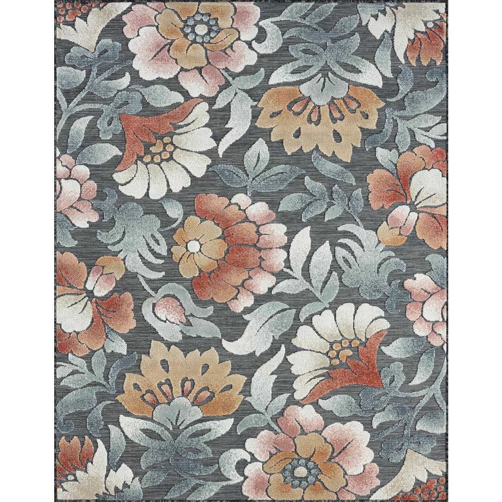 Tayse Rugs Tropic Floral Black 9 ft. x 12 ft. Indoor/Outdoor Area Rug ...