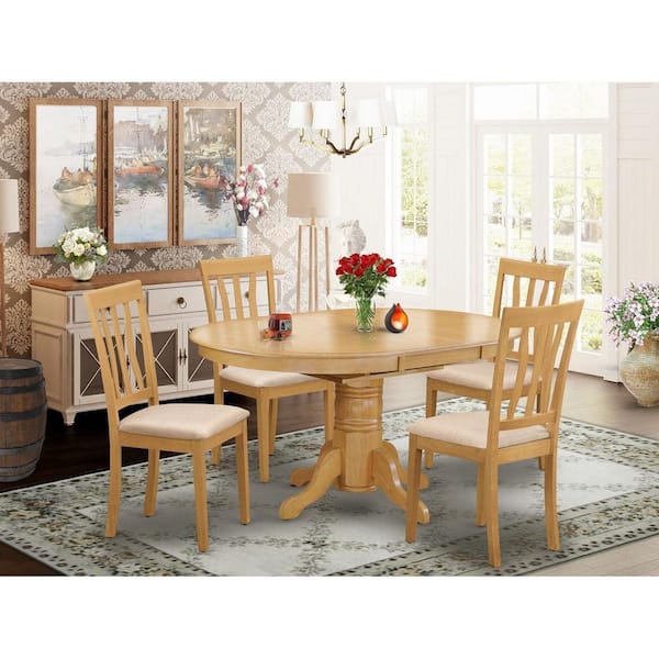 5-Piece Oval Natural Oak Finish Solid Wood Top Dining table with 4 Linen Fabric Seat Chairs with Slat Back, Seats 4