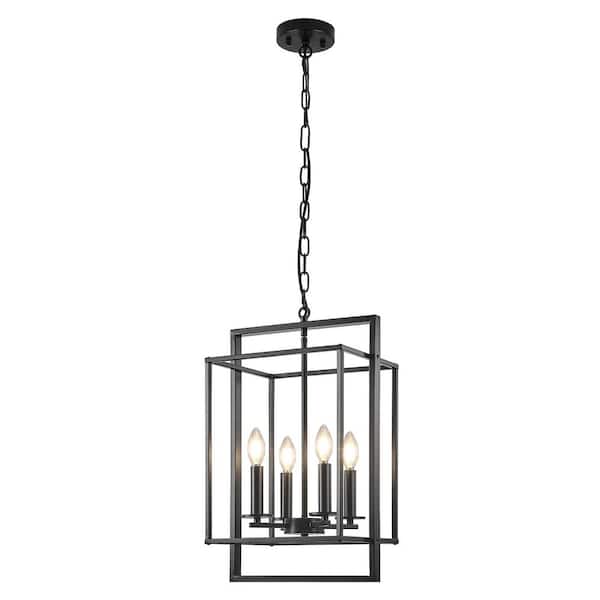 4-Light Modern Black Rectangle Chandelier Lantern Pendant Lighting Fixture for Kitchen