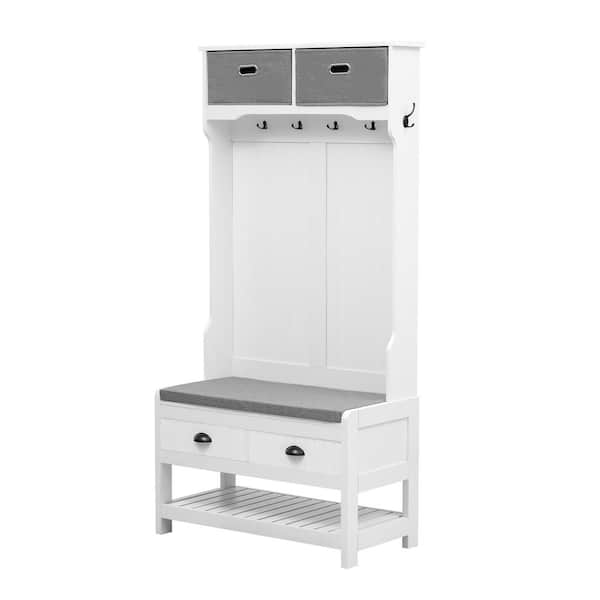 Hall Tree with 6 Hooks and Hinged Lid, Coat Hanger, Entryway Bench, Storage Bench, 3-in-1 Design, 69 in. White