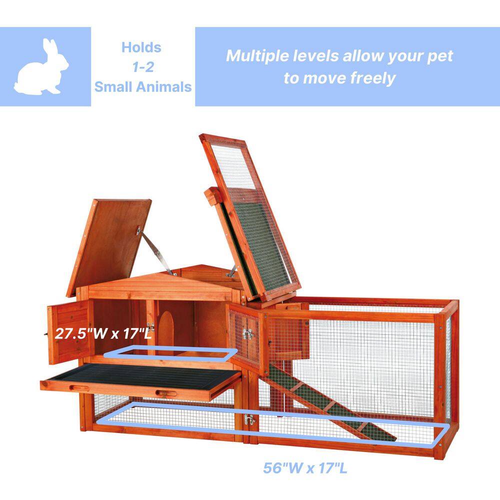 Brown Glazed Pine 2-Story Rabbit Hutch with Outdoor Run