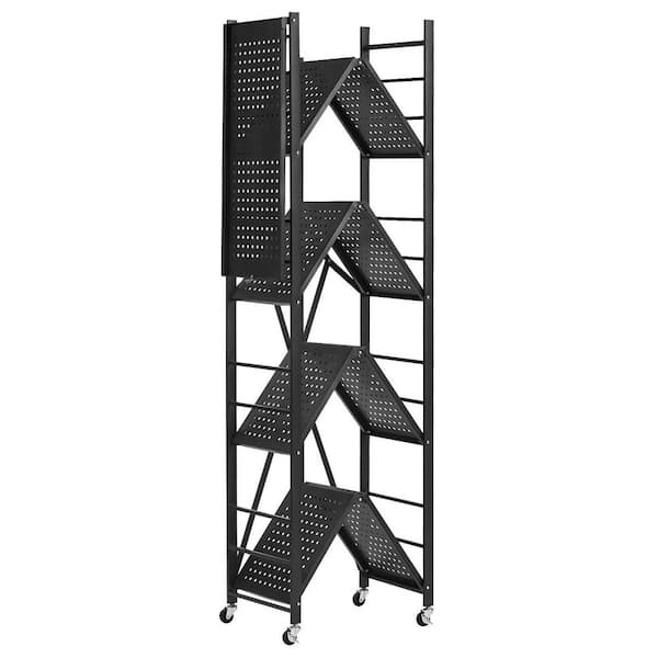 5 Tiers Steel Frame Folding Household Shelving Unit with Lockable Wheels in Black (28 in. W x 66 in. H x 13 in. D)