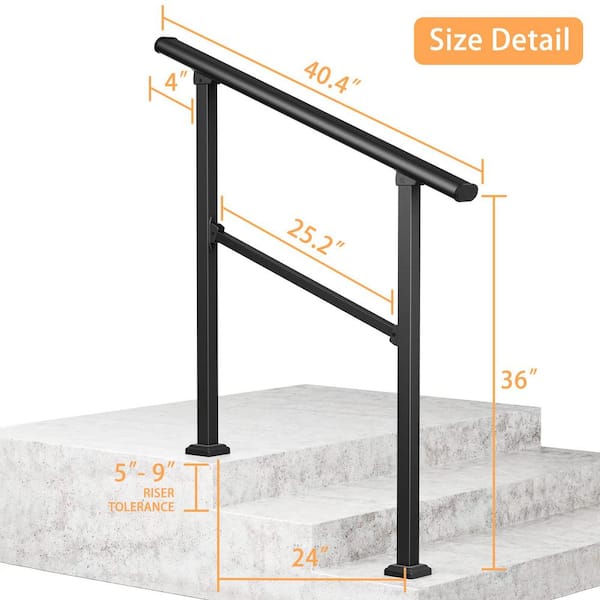 HOMEIBRO 36 in. H x 40.4 in. W Black Wrought Iron Stair Railing Kit Handrails for Outdoor Steps Fit 2 or 3 Steps (2-Pack)