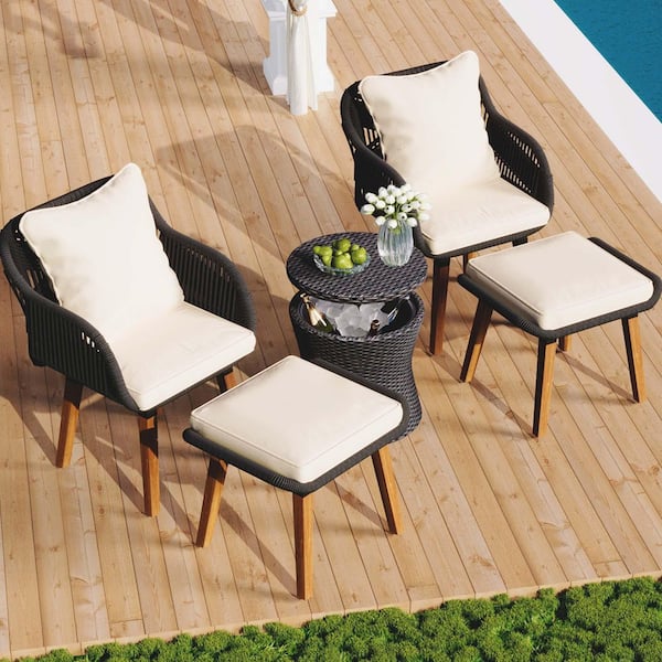 5 Pieces Woven Rope with Wicker Cool Bar Table Patio Conversation Set with Beige Cushions
